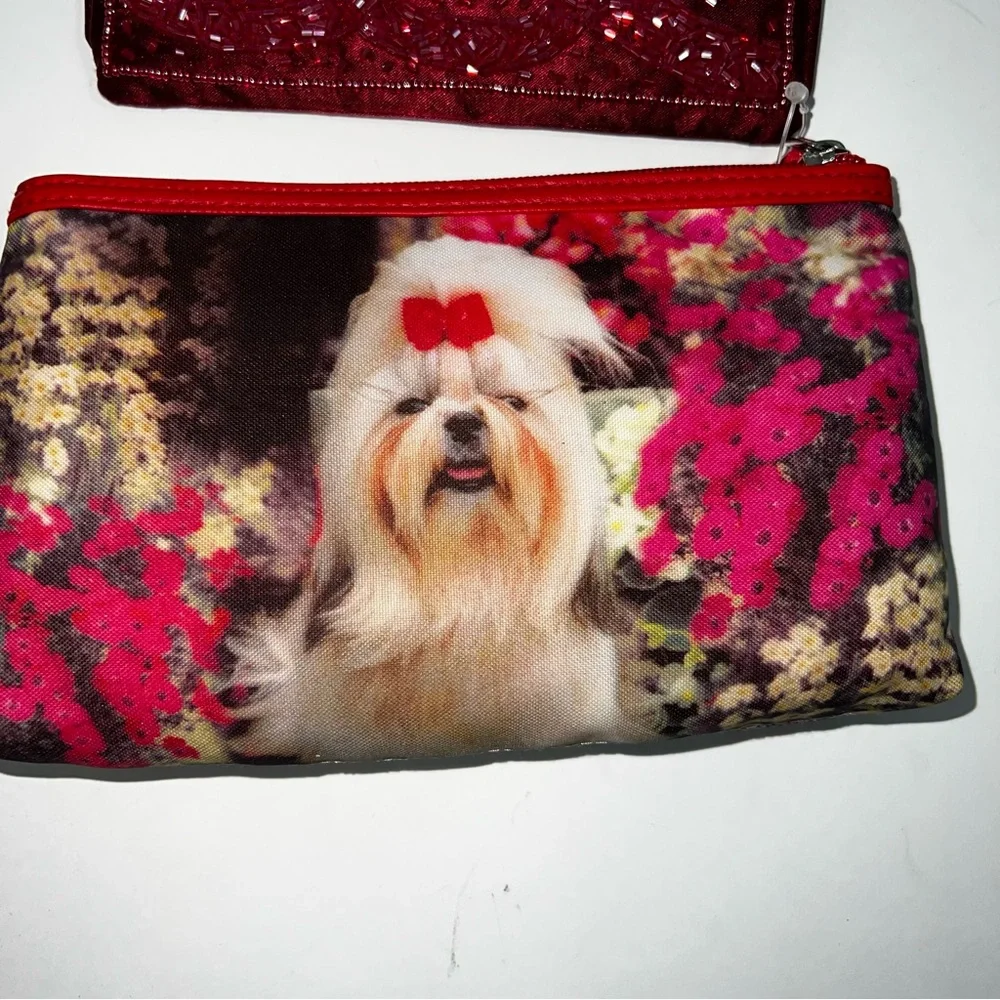 Beaded Burgundy Square Wristlet & Dog Print Coin Pouch Cosmetic bag- lot